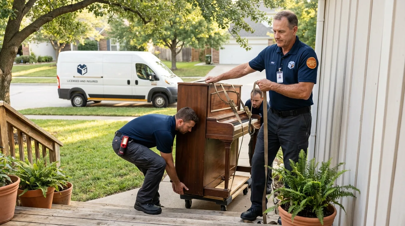 Licensed piano movers securing grand piano in Walthall, MS